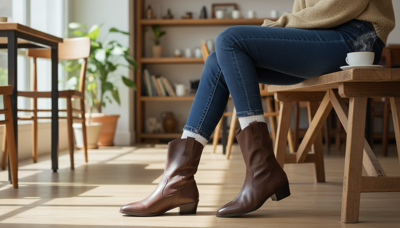 Genuine Leather Ankle Boots with Stable Thick High Heel