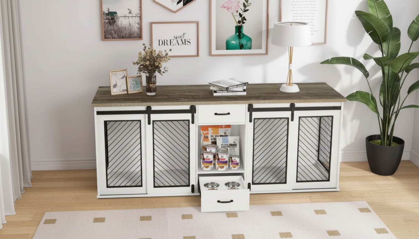 85-Inch Sliding Door Double Dog Crate with Bowls & Drawer