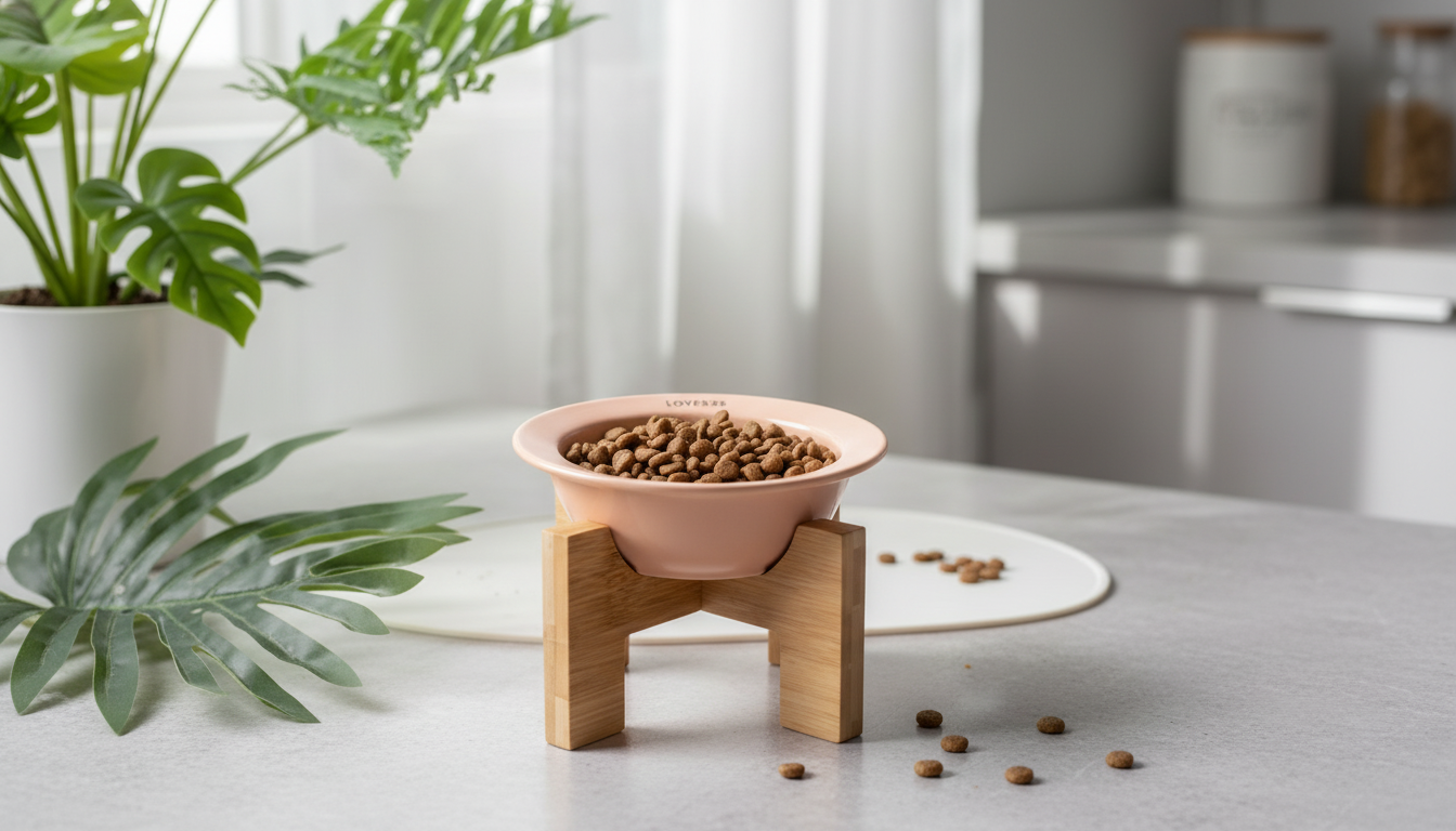 Ceramic Slanted Pet Bowl & Wooden Stand: Cleaner Meals