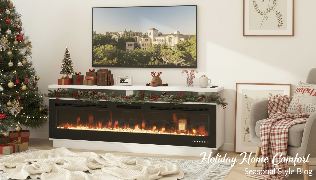 Modern 70-Inch Fireplace TV Stand With Solid Wood Mantel