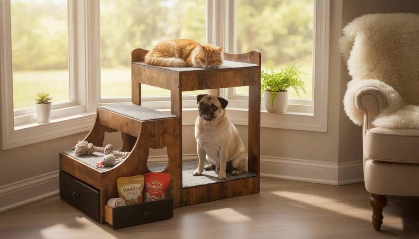 Pet Bunk Bed with Stairs, Storage & Window Perch