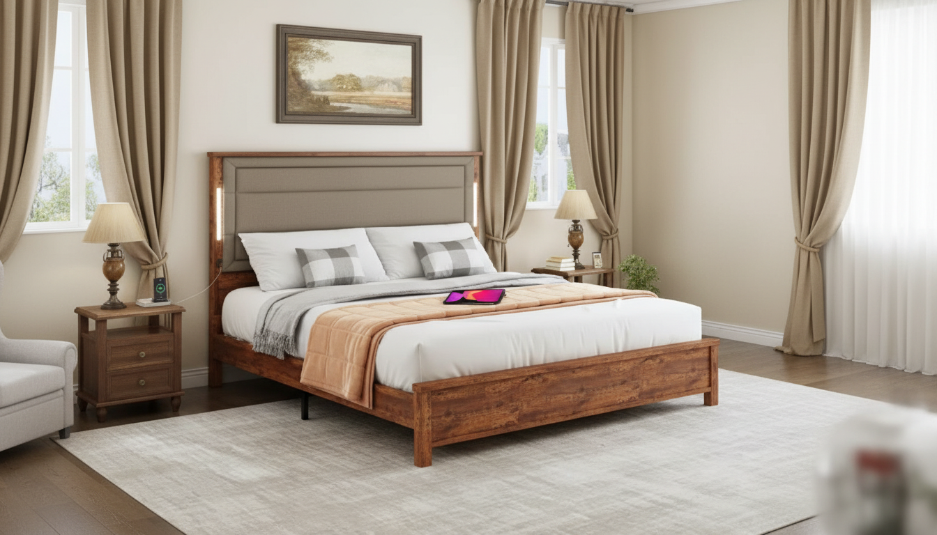 Queen Bed Frame: Tall Linen Headboard, LED + Charging